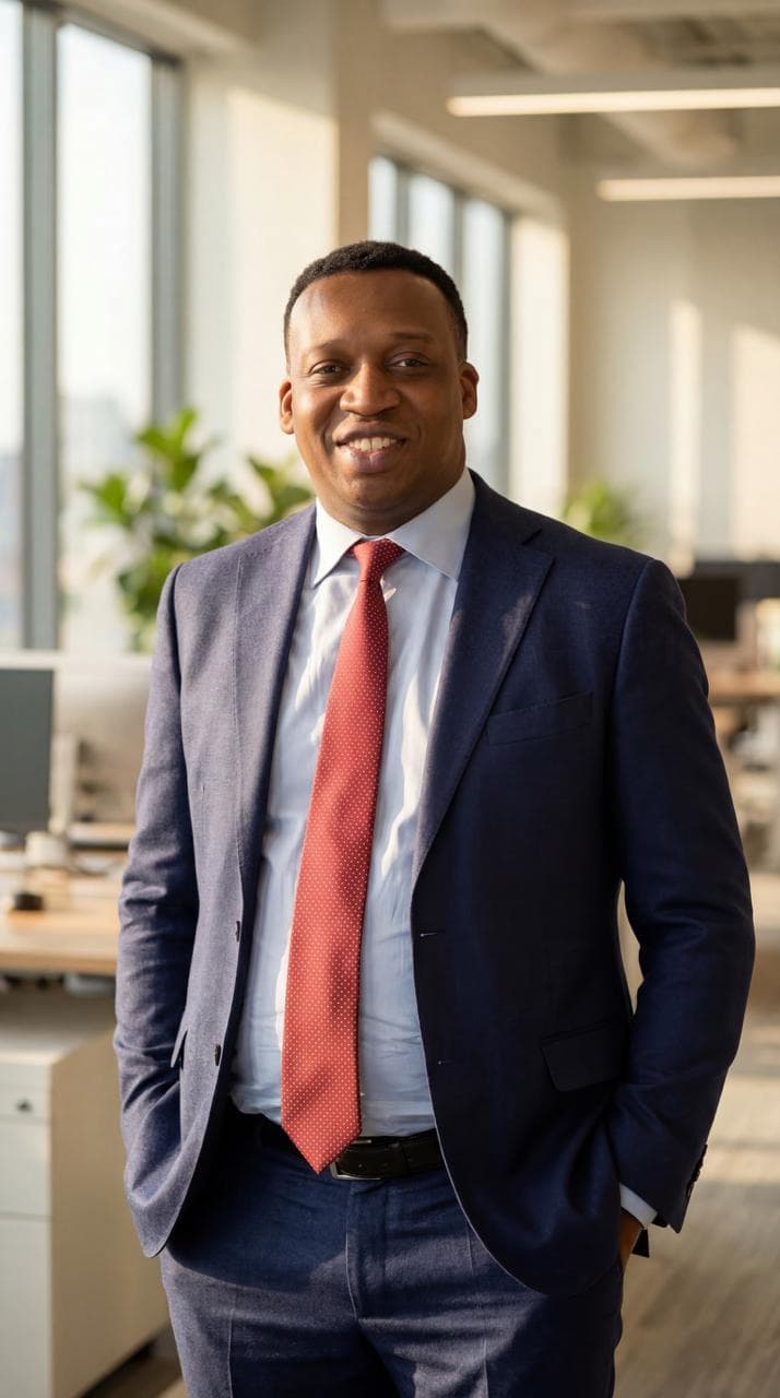 Executive professional in a meeting room presenting to colleagues